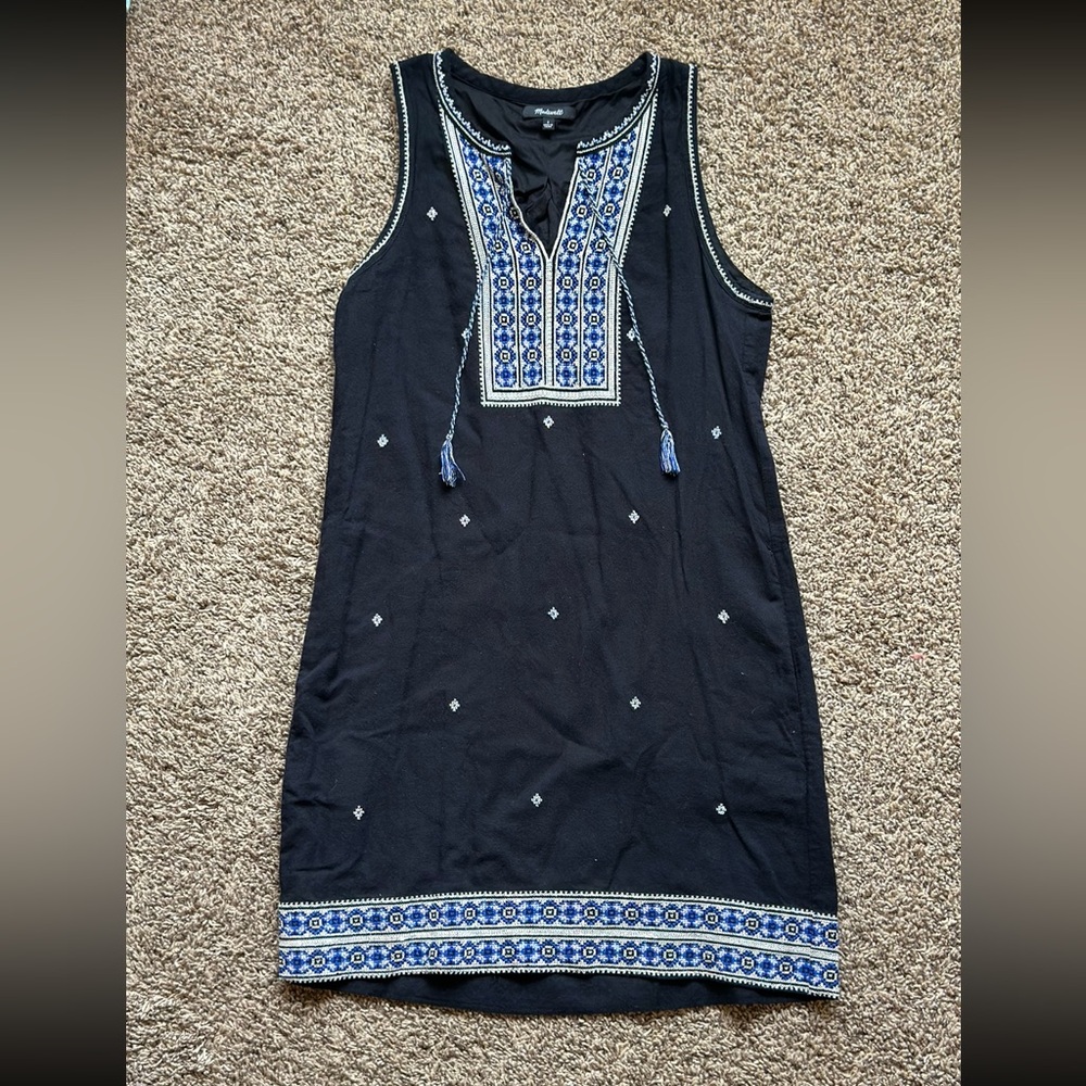 Madewell Suncoast Embroidered Sleeveless Shift Dress Pockets Tassels Black Sz 2